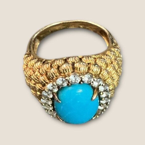 Vintage Signed 925 Turquoises Vermeil Gemstone Ring Size 6.5 - Picture 2 of 9